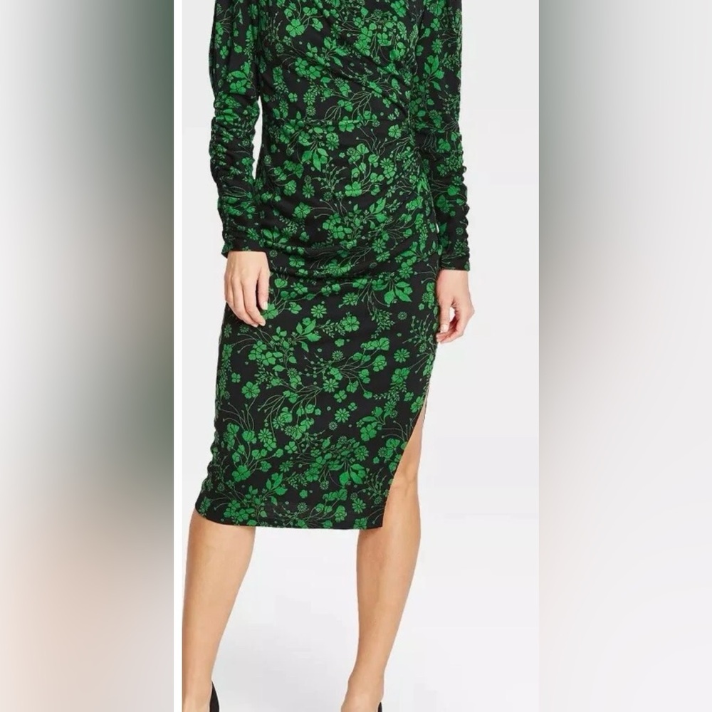 Who What Wear black and green floral print puff long sleeve a-line midi dress, S